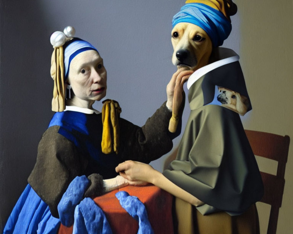 Two dogs in classic painting costumes: one in blue dress with pearl earring, the other in brown