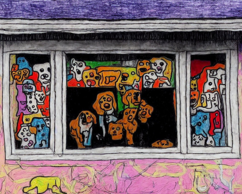 Colorful Outlined Dogs of Various Breeds in Window Frame