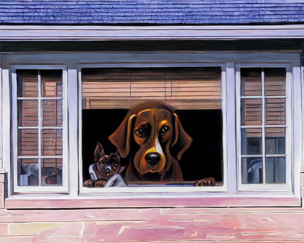 Two dogs of different sizes looking out of a double-hung window with pinkish siding