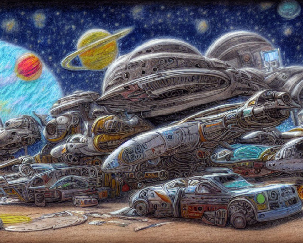 Vibrant space-themed junkyard illustration with discarded spacecraft and parts under starry sky.