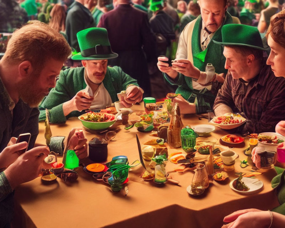 Group celebrating St. Patrick's Day in green attire with festive table.