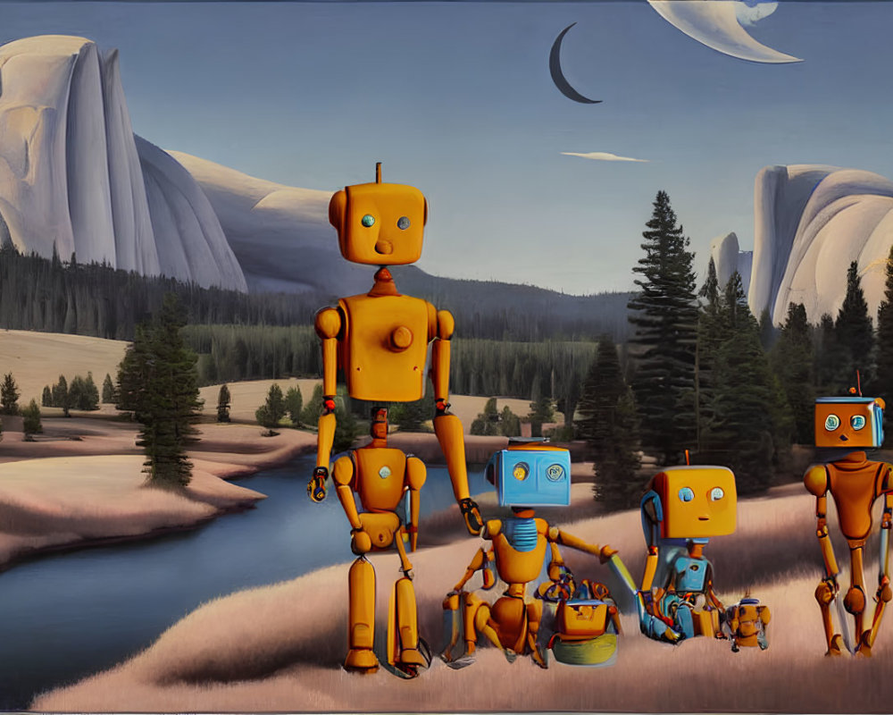 Various sizes of orange humanoid robots in serene landscape with pine trees, river, mountains, crescent moon