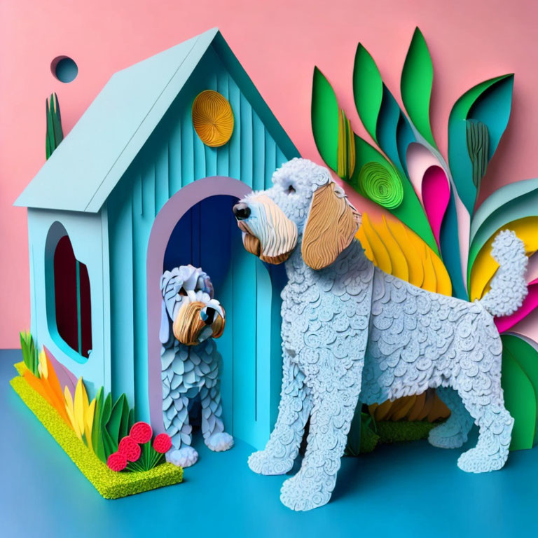 Intricately crafted paper art dogs and doghouse with floral elements