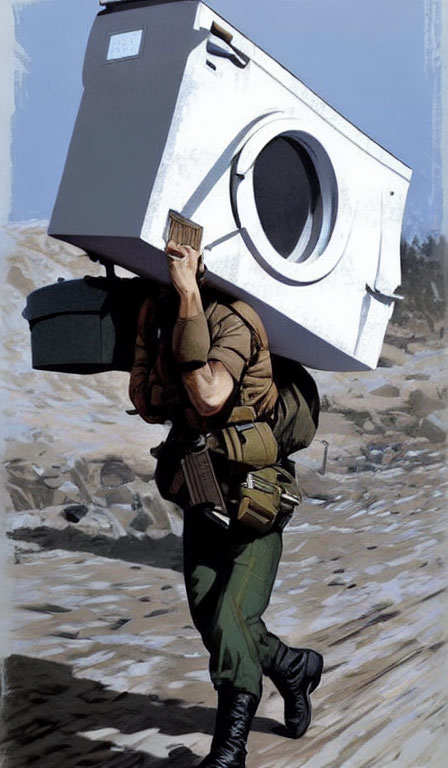 Illustrated person with oversized camera symbolizes burden in barren landscape