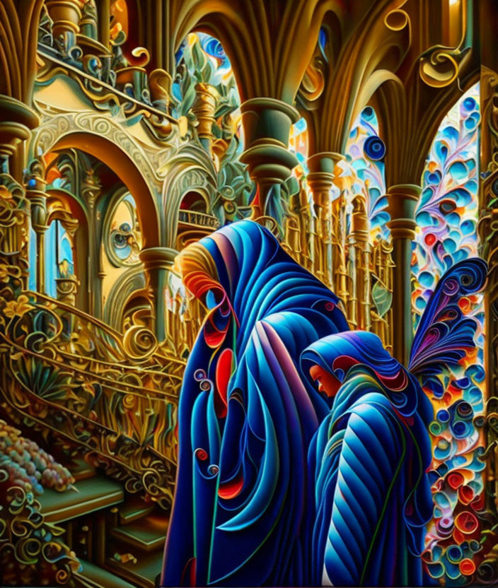 Vibrant surreal illustration of cloaked figure with butterfly wings in ornate architecture