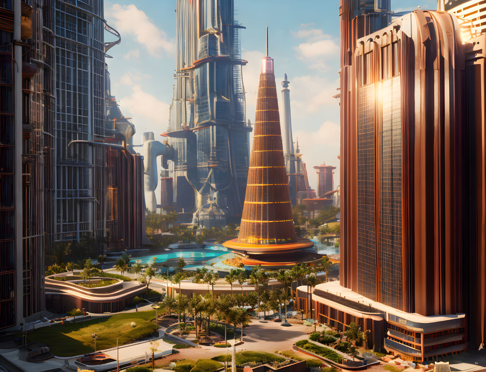 Futuristic cityscape with skyscrapers, golden conical building, greenery, and water