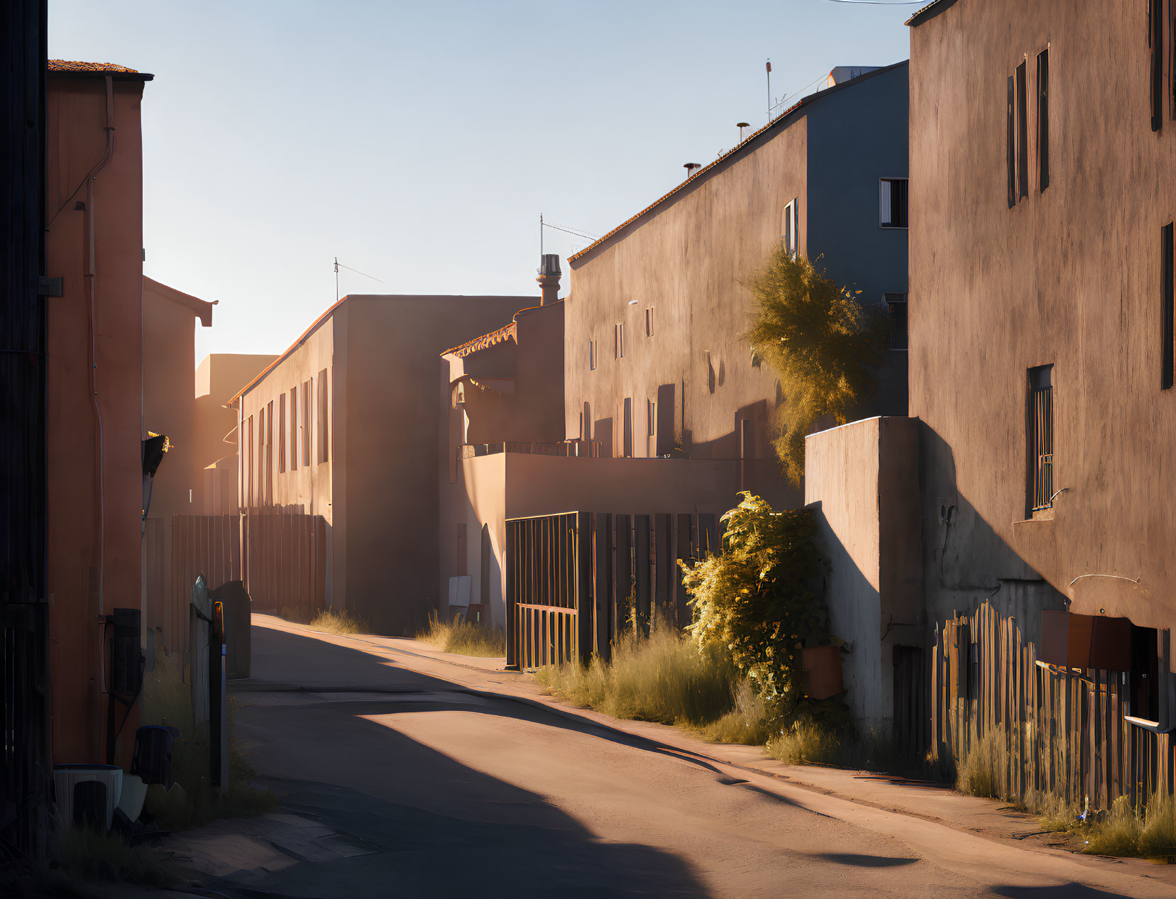 Modern buildings on quiet street under warm sunlight and clear blue sky.