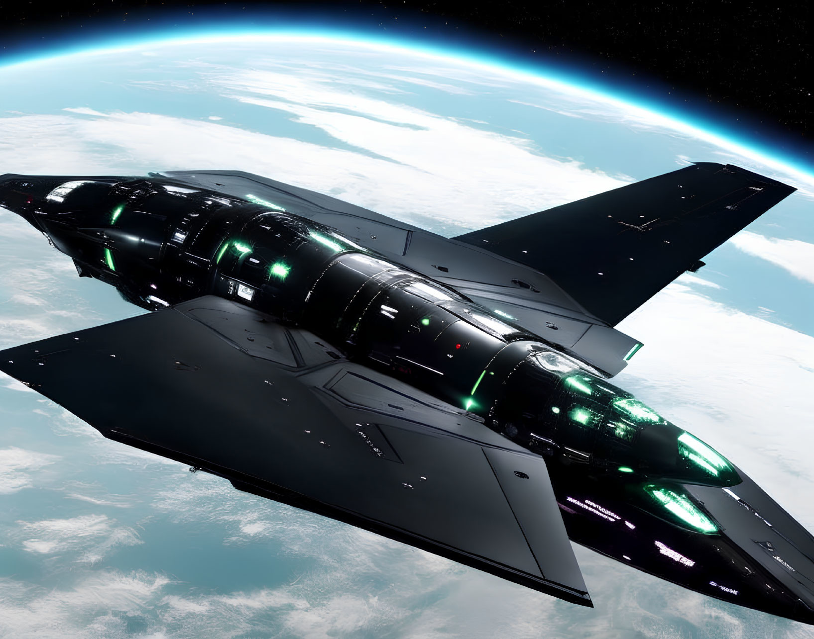 Futuristic spaceship with glowing green lights in space