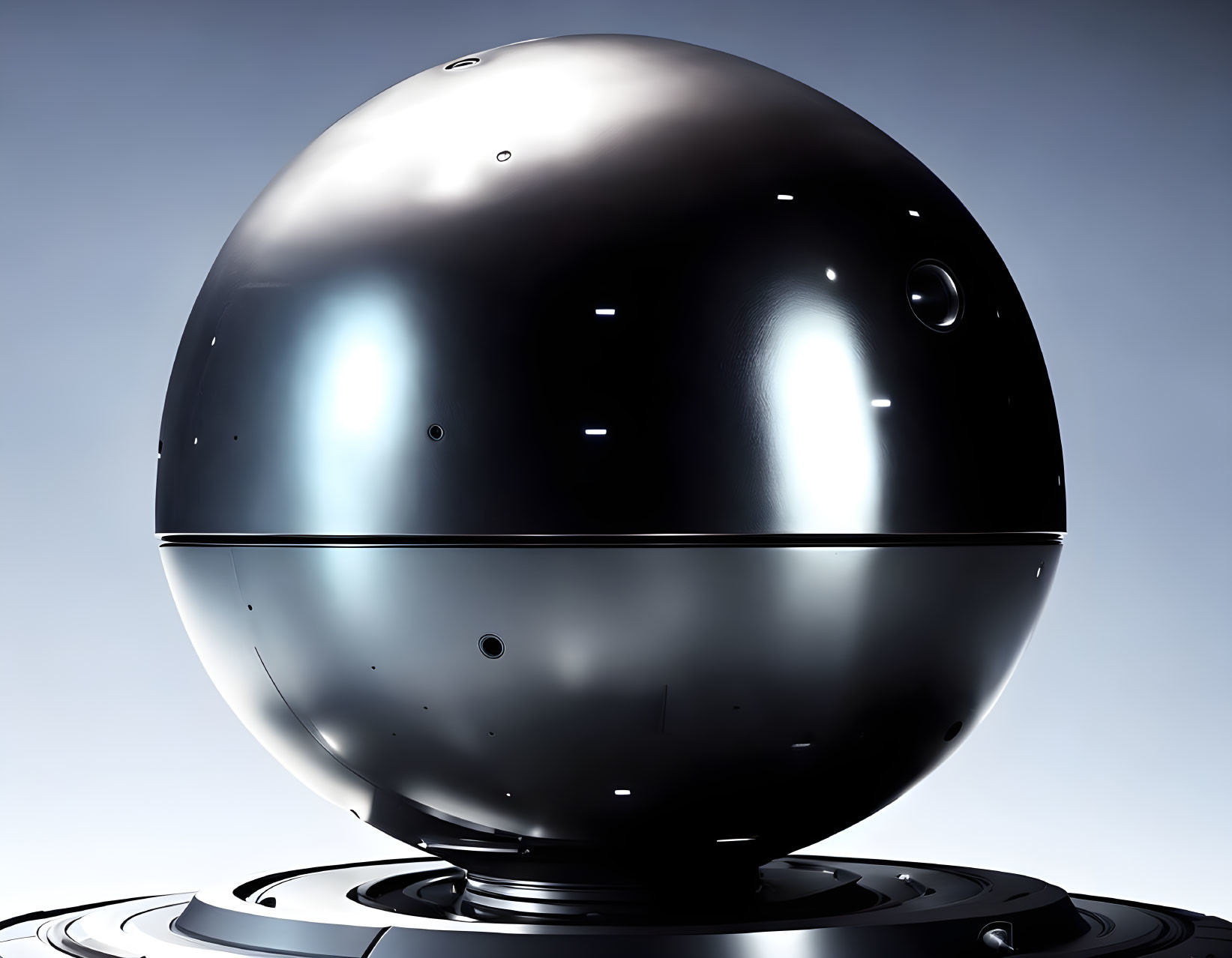 Futuristic spherical robot with glossy black surface and sensors on light background