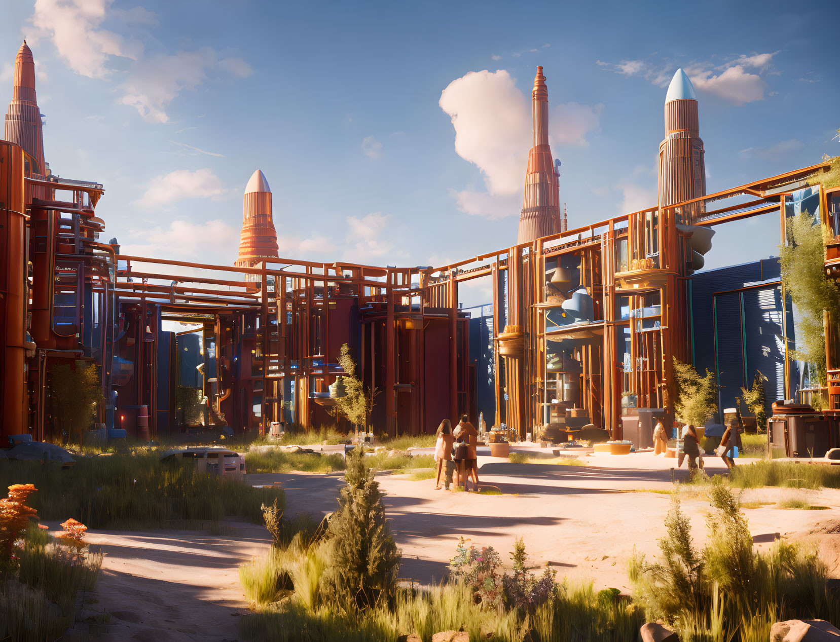 Futuristic industrial complex with red towers and rockets against blue sky