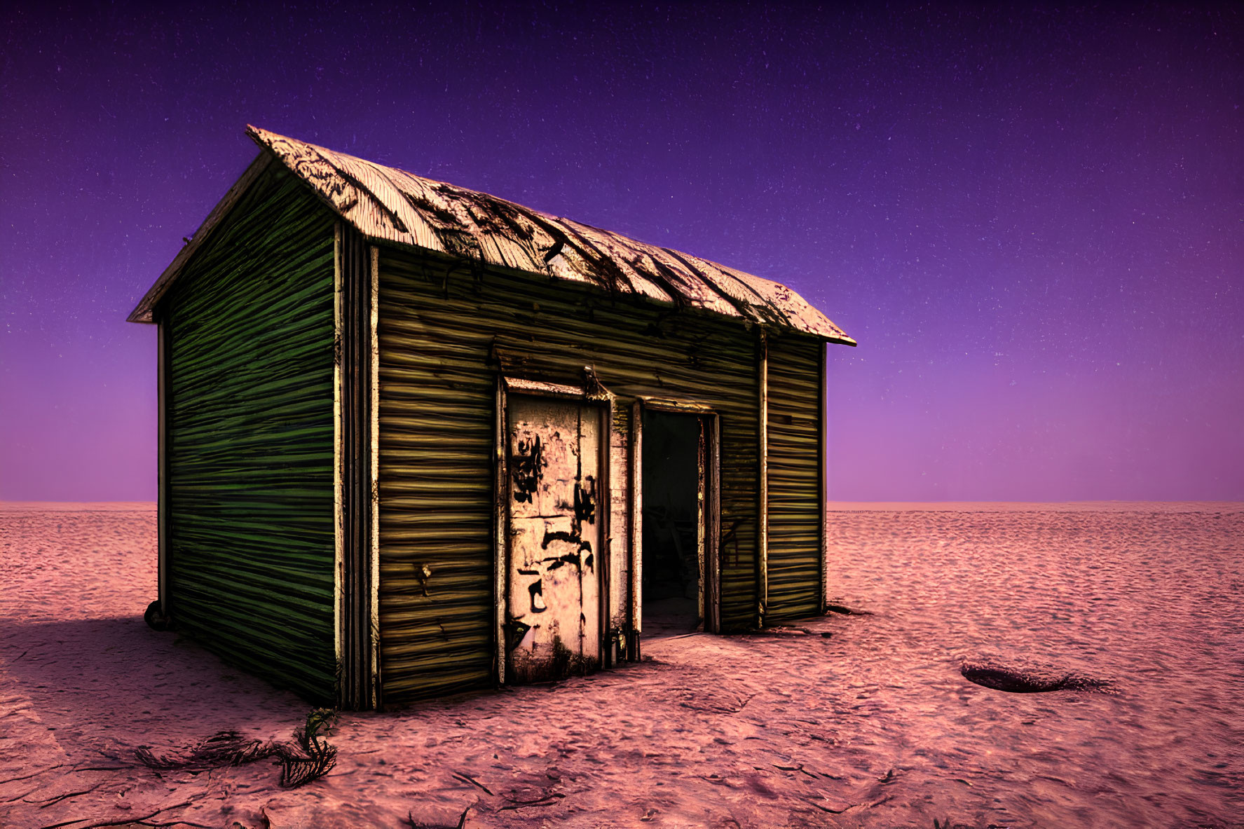 Rustic wooden shack in snowy desert night scene