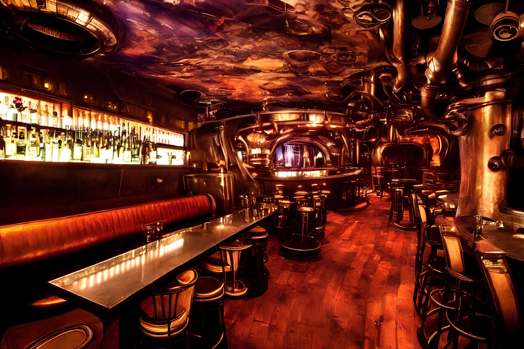 Steampunk-Themed Bar with Amber Lighting and Copper Pipes