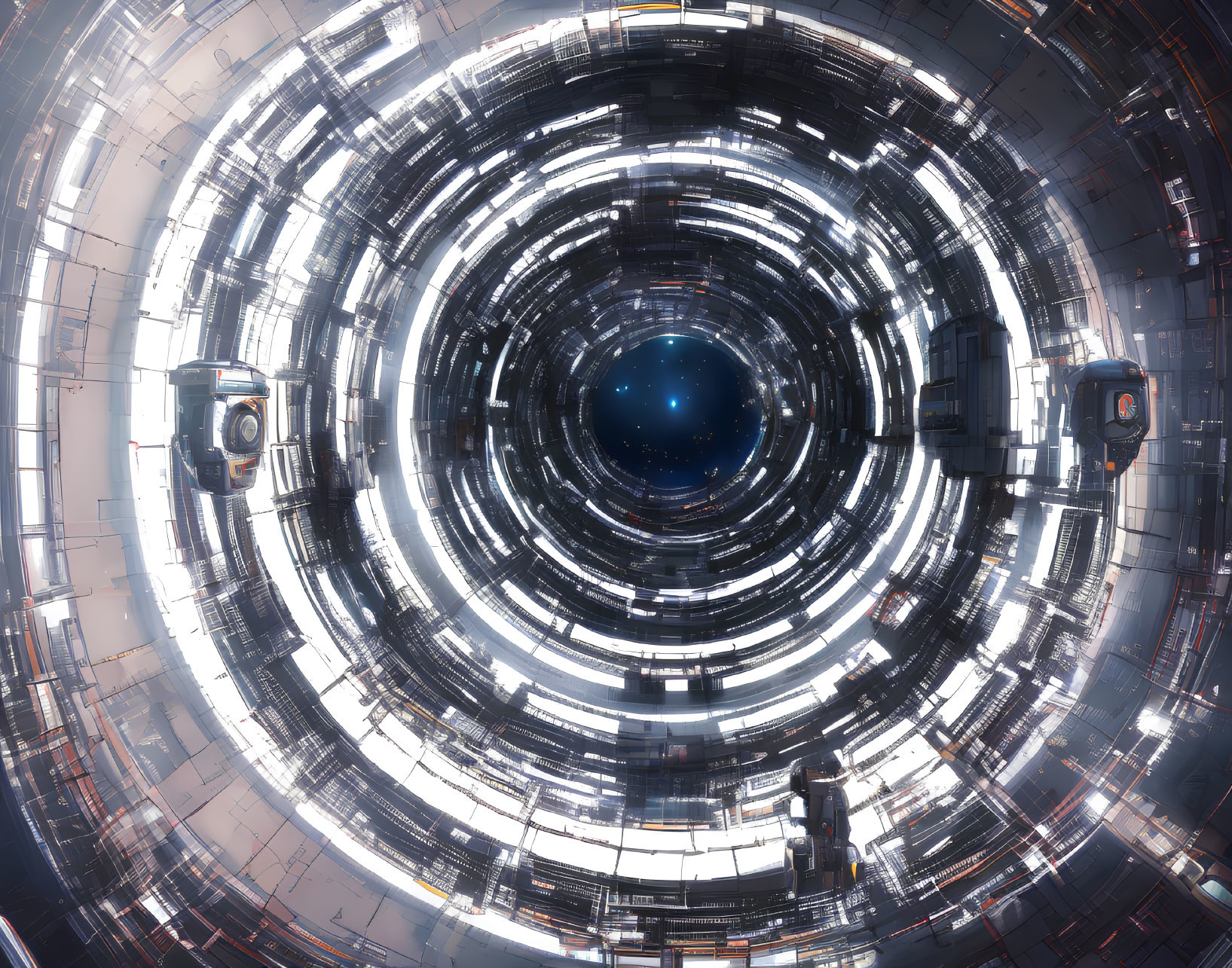 Circular layers in futuristic space station tunnel with robotic modules against starry backdrop