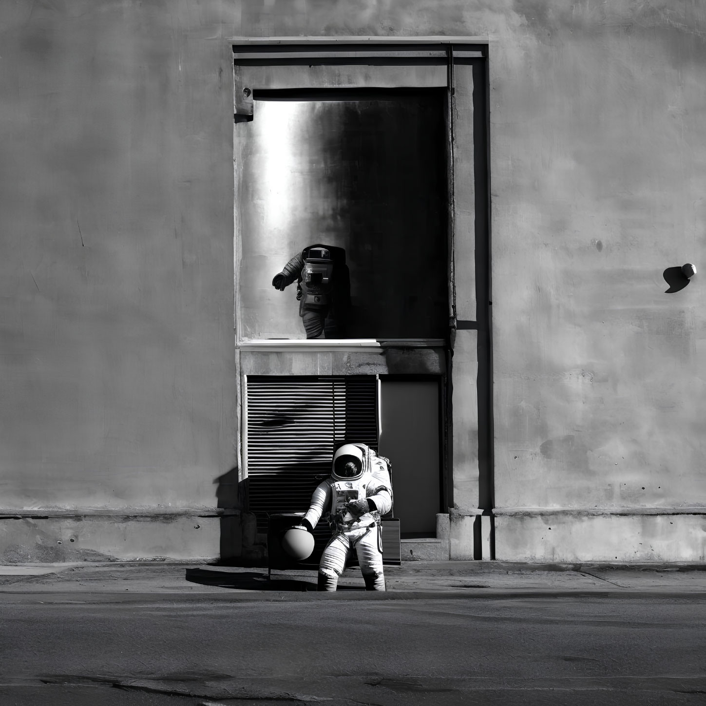 Two astronauts in monochromatic setting by open doorway