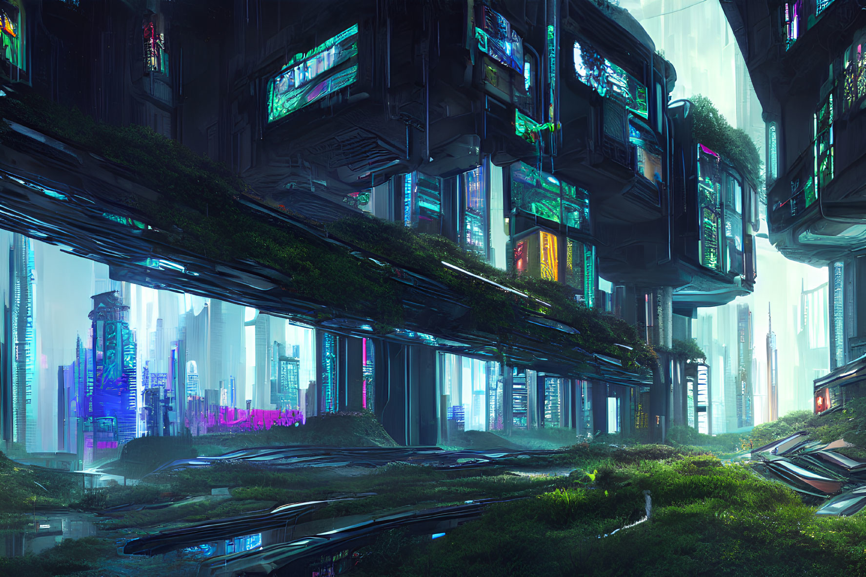 Futuristic cyberpunk cityscape with neon signs and lush greenery