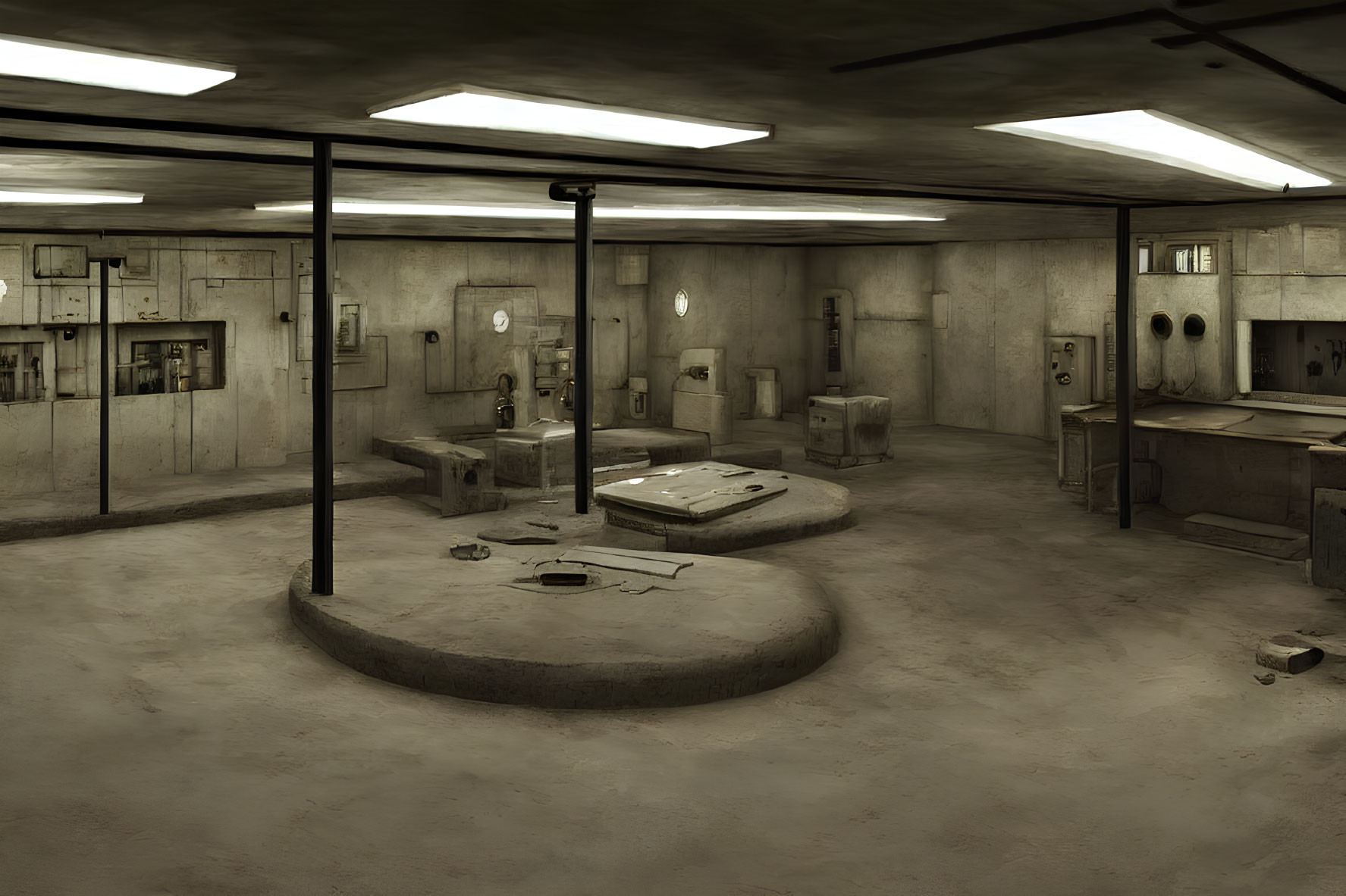 Desolate underground bunker with debris and columns.