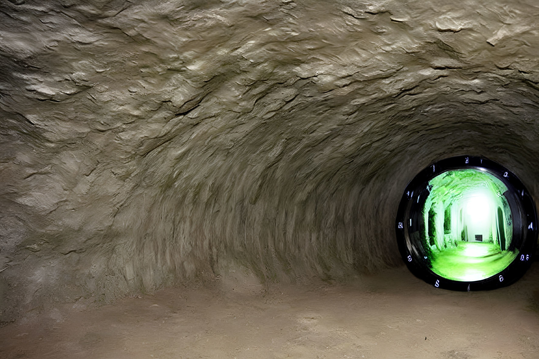 Curved rocky tunnel leading to bright circular opening with green view