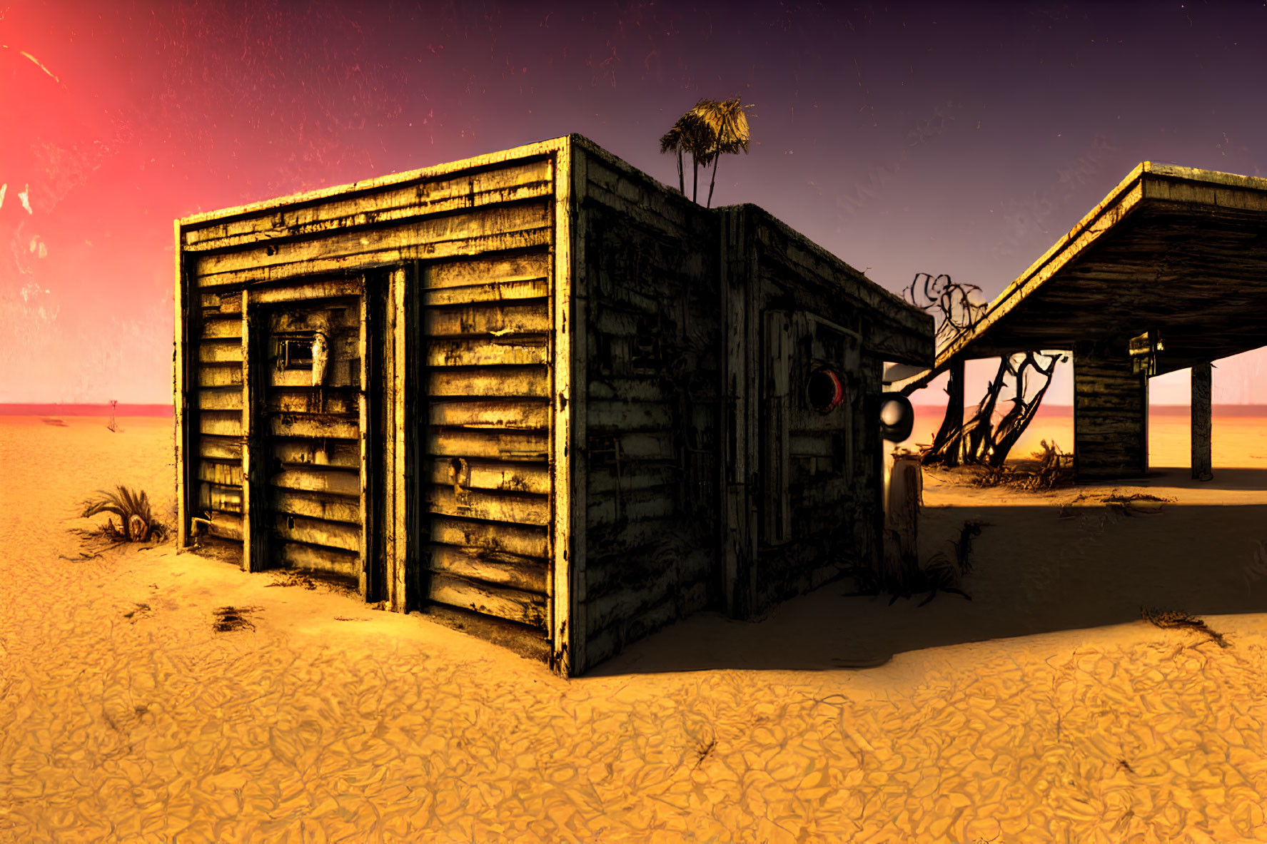 Deserted wooden structure under reddish desert sky