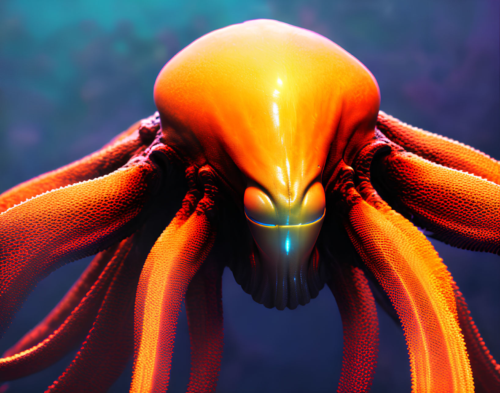 Colorful digital artwork: orange octopus with glossy texture and glowing blue eyes