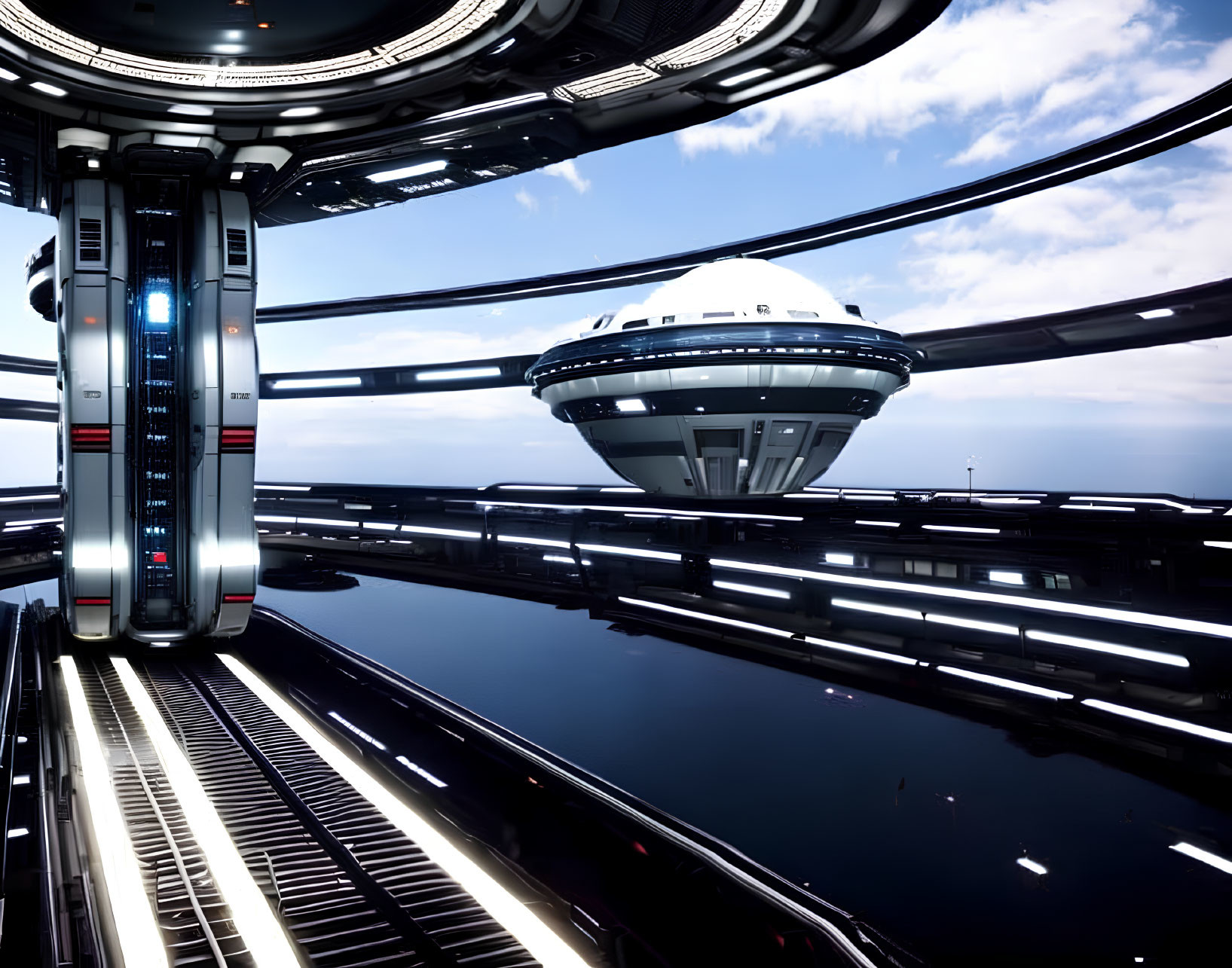 Sleek futuristic space station interior with reflective surfaces and spacecraft approaching through large windows