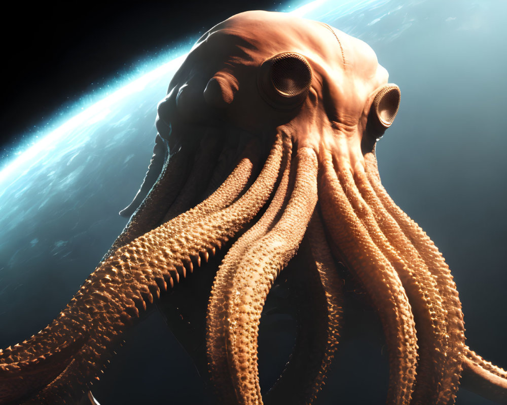 Detailed digital artwork of giant octopus in space with glowing Earth backdrop