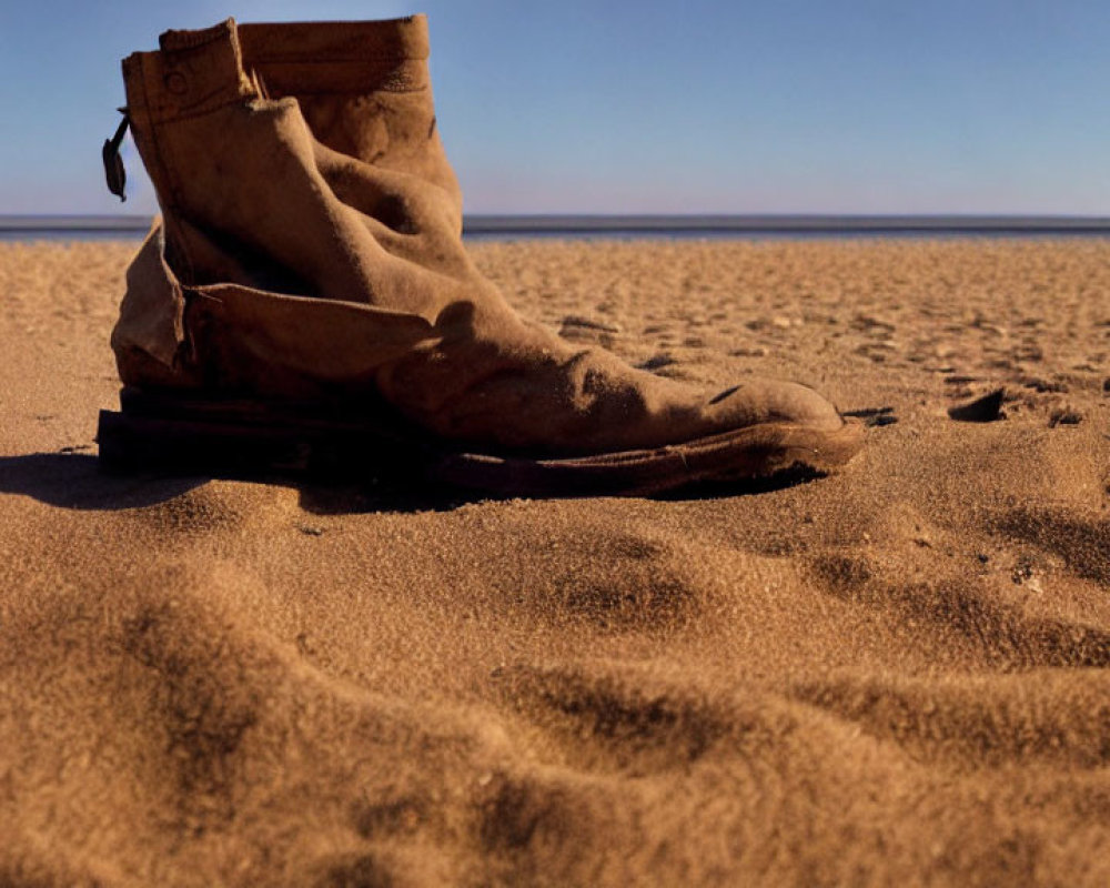 Abandoned worn-out boot in sandy desert under clear blue sky