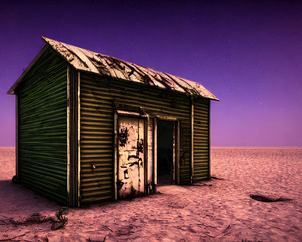 Rustic wooden shack in snowy desert night scene