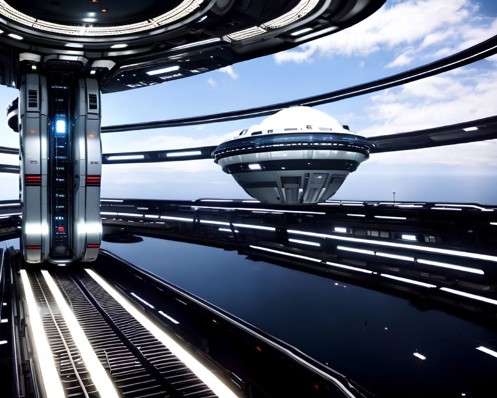 Sleek futuristic space station interior with reflective surfaces and spacecraft approaching through large windows