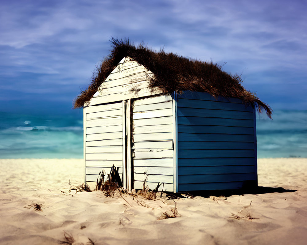 Thatched roof blue beach hut on sandy shore with ocean and clear sky