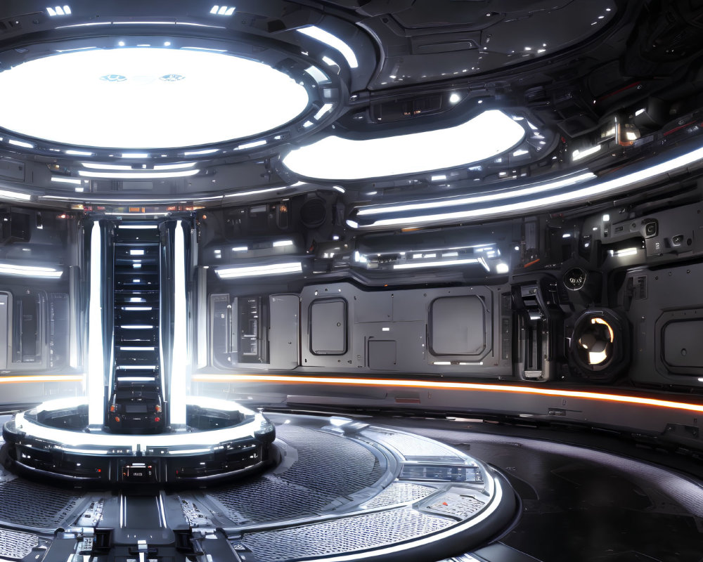 Futuristic spacecraft interior with glowing panels and circular lights