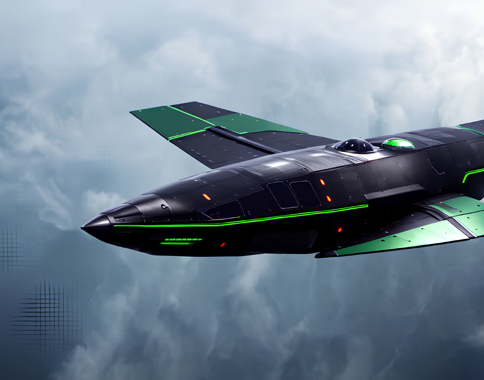 Black jet with green accents flying in cloudy sky