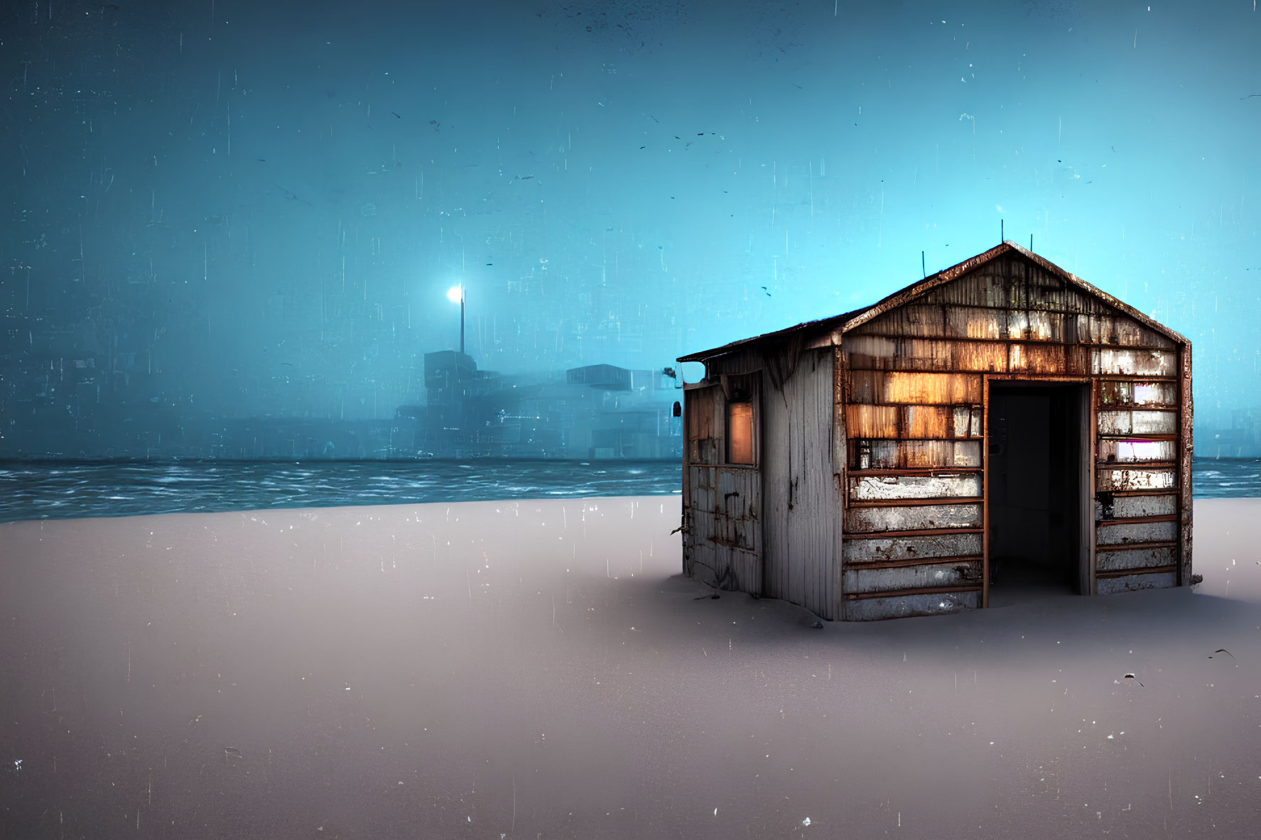 Rustic wooden shack in snowy field at dusk or dawn