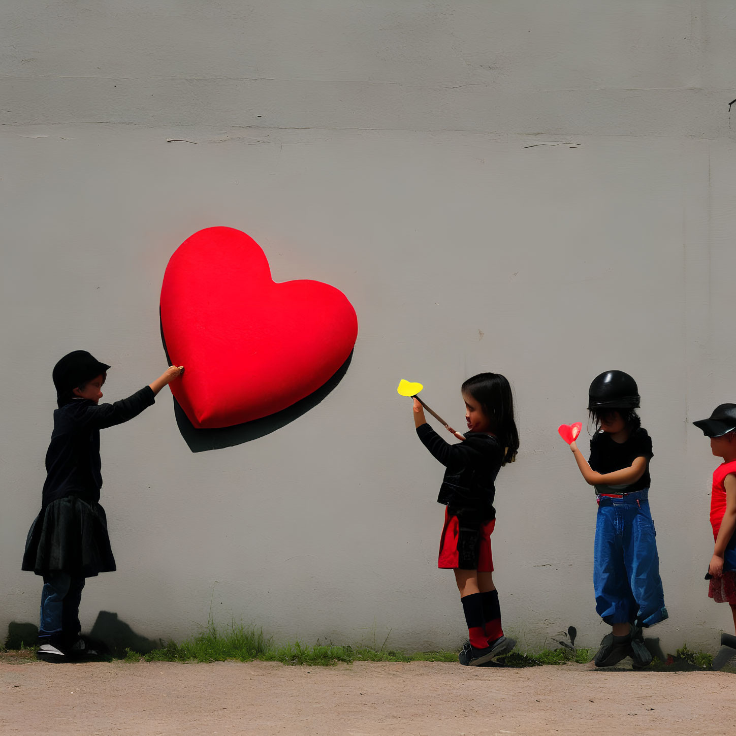 Children with hats hanging red heart on wall using yellow tool