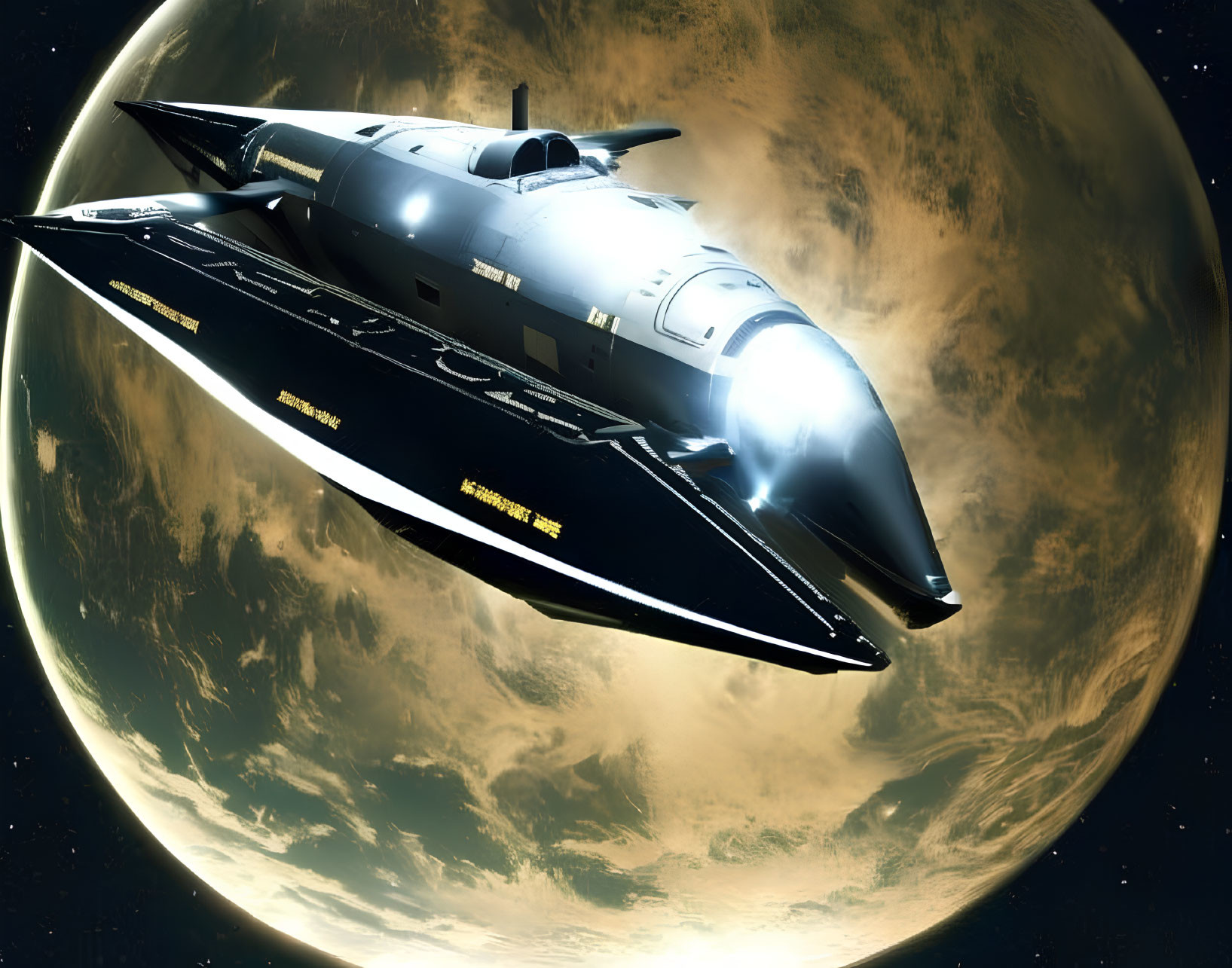 Futuristic spacecraft orbiting golden planet on advanced voyage