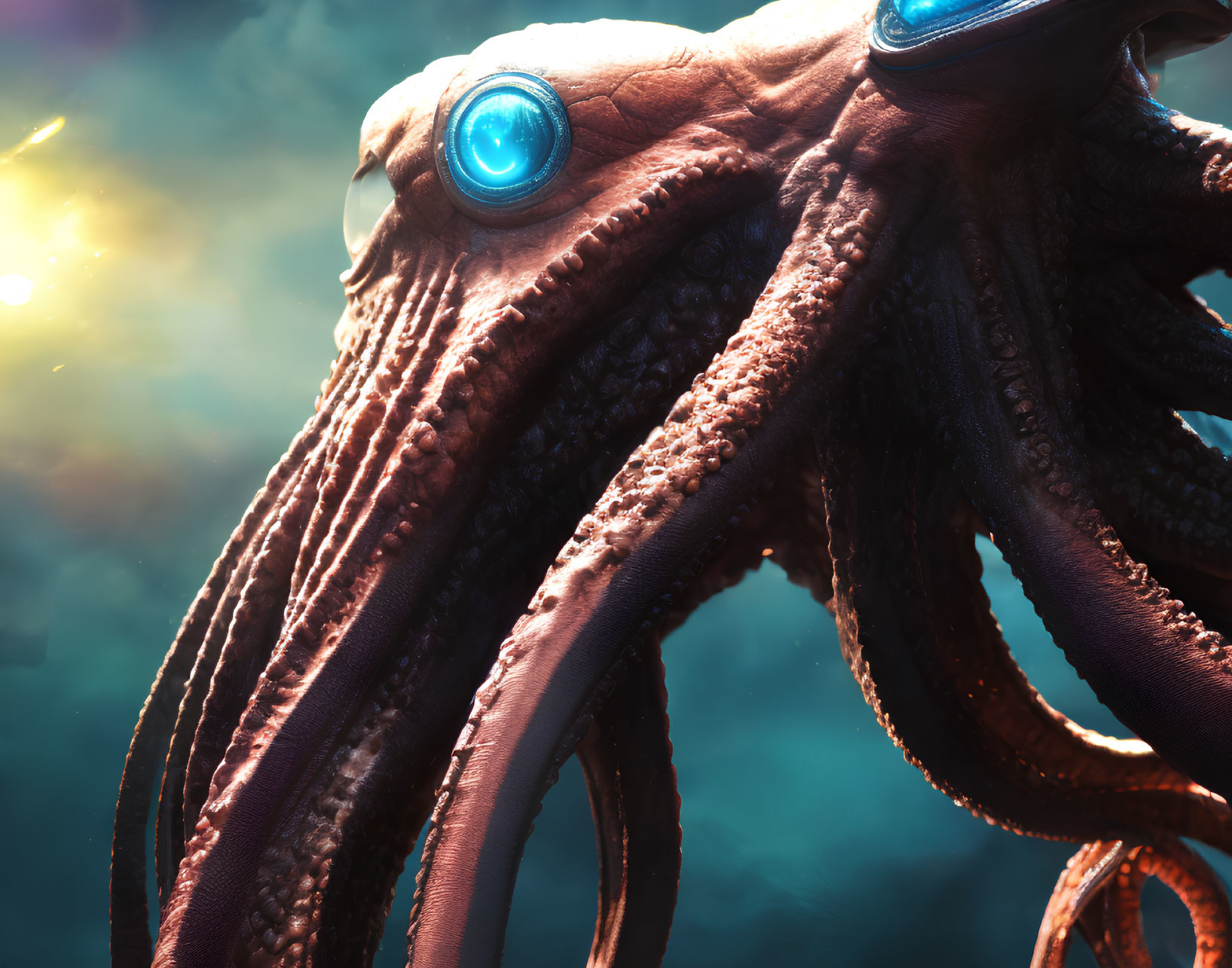 Detailed Close-Up of Octopus with Blue Eyes in Underwater Scene