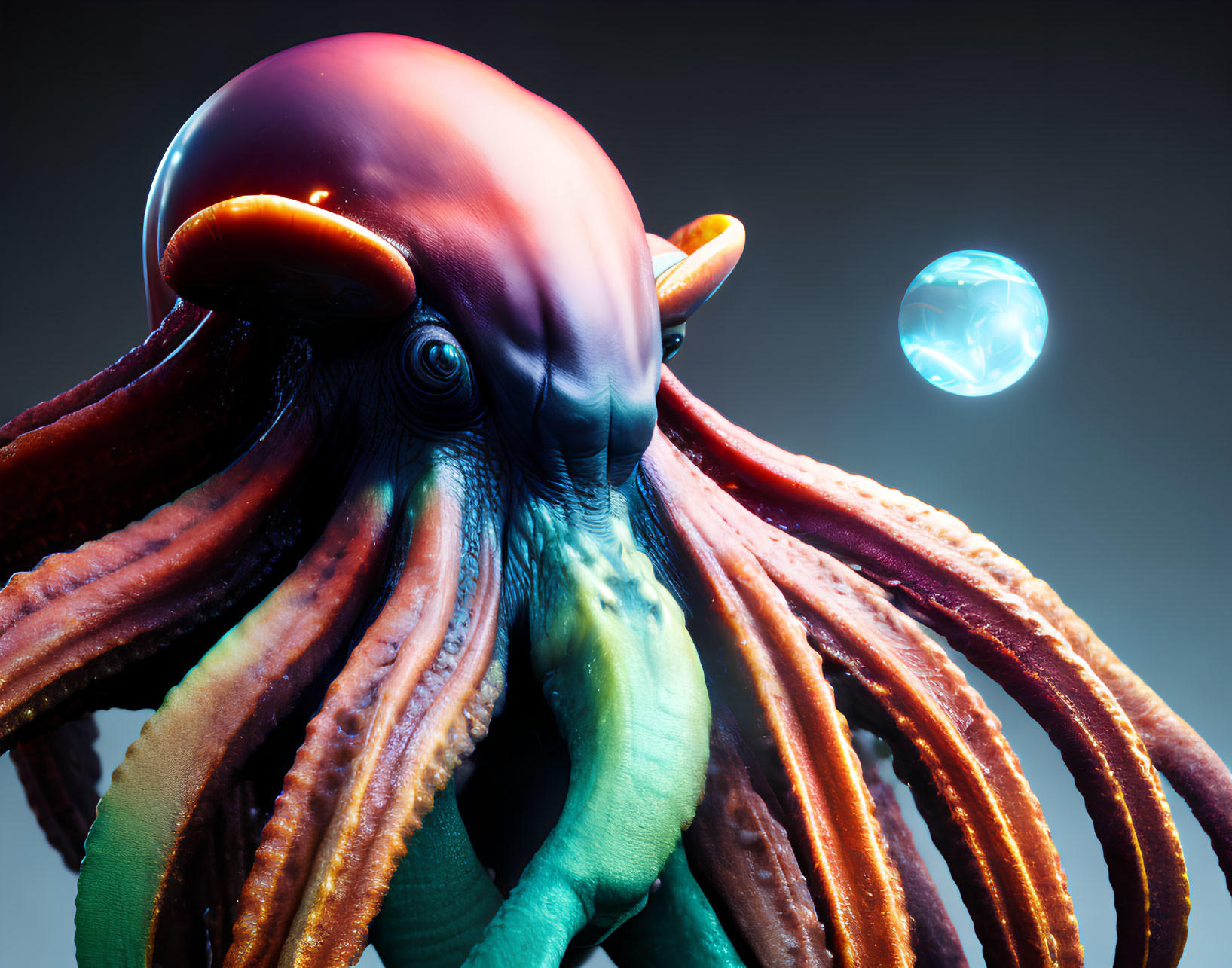 Vivid 3D rendering of glossy octopus with orange and green coloration next to translucent blue