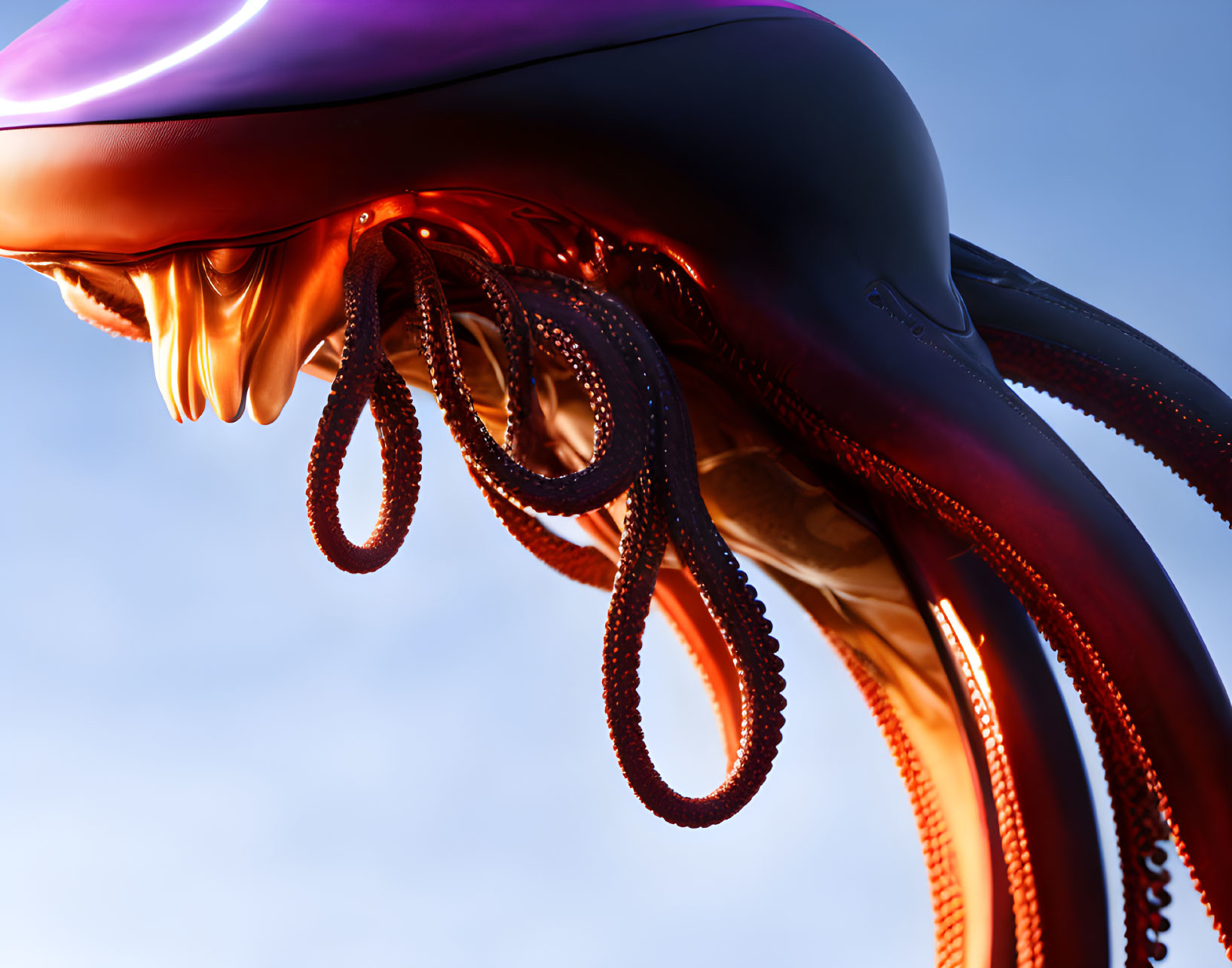 Vibrant Purple and Orange Octopus Close-Up on Soft Blue Background