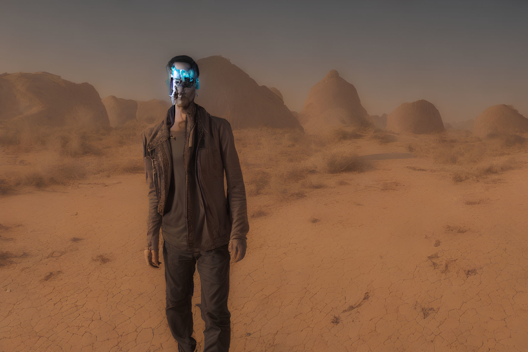 Futuristic glowing eyewear in barren desert landscape