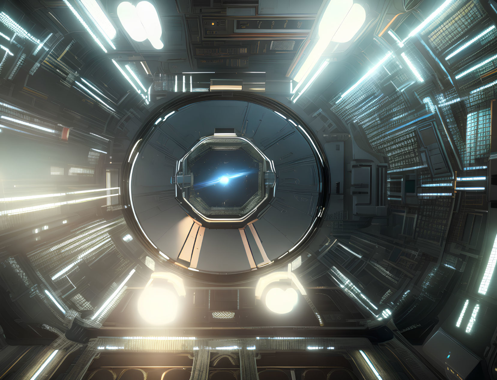 Futuristic spacecraft interior with circular hatch and advanced technology panels