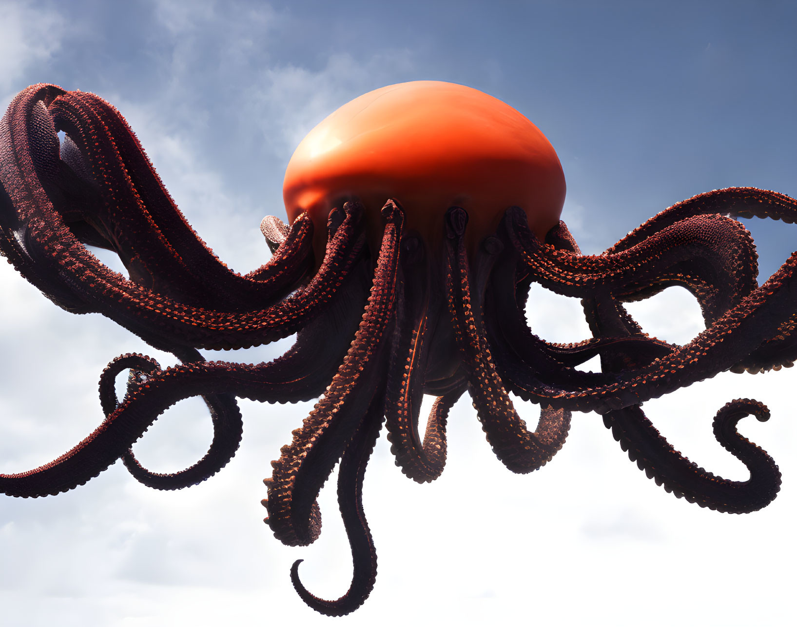 Orange Octopus Floating Against Cloudy Sky