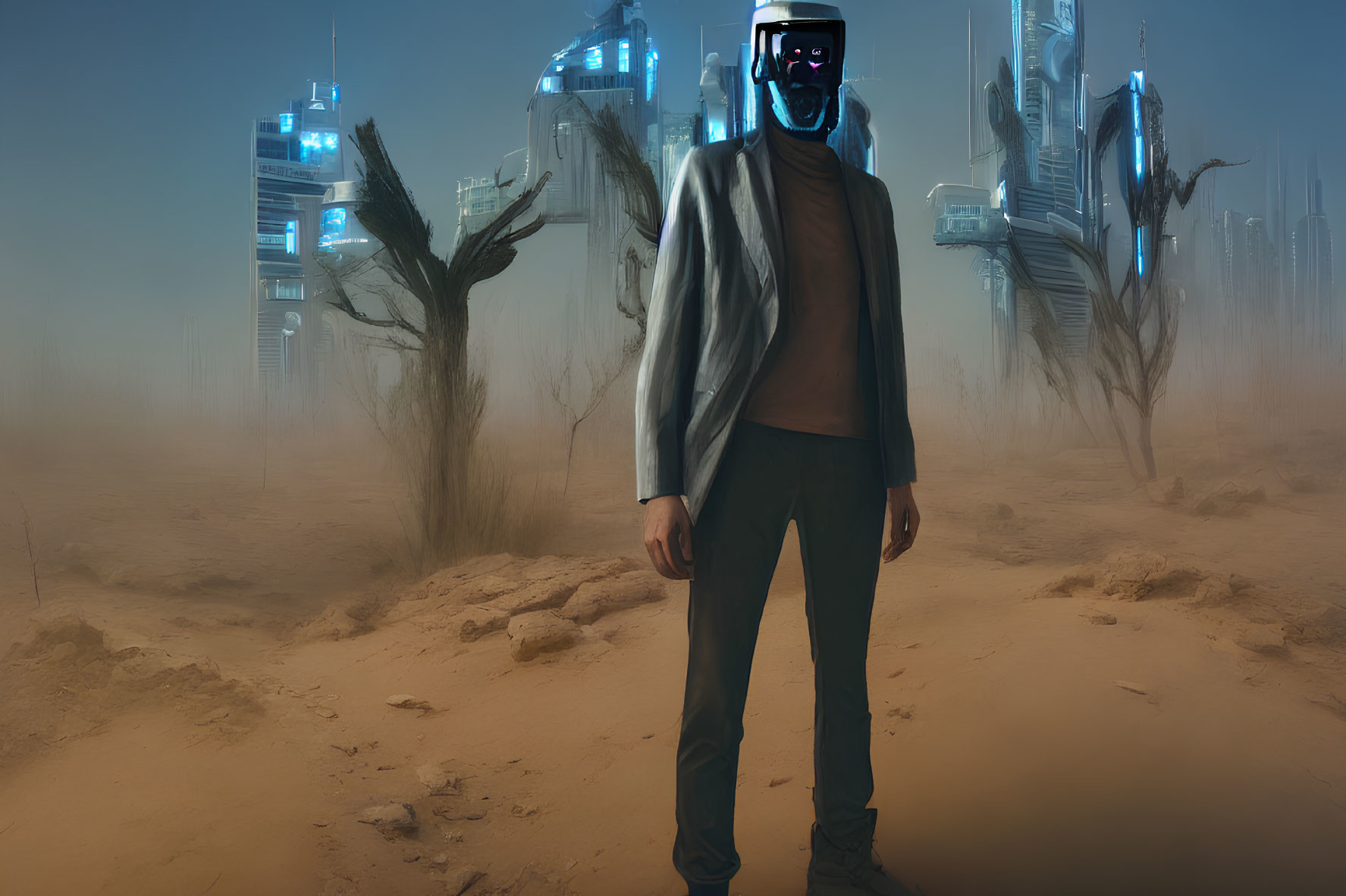 Person in Screen-like Mask in Futuristic Desert Setting