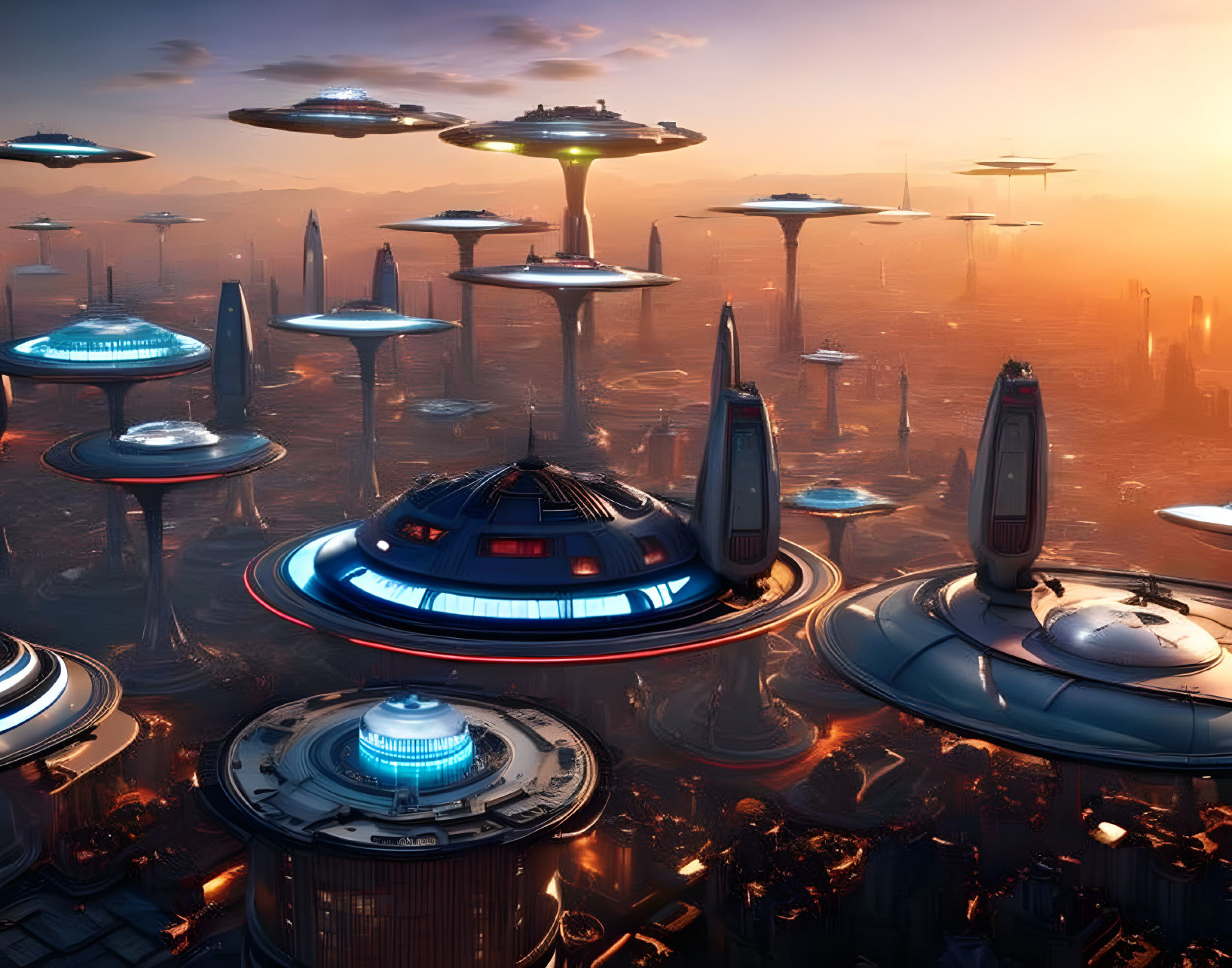 Futuristic cityscape at sunset with towering structures and flying vehicles.