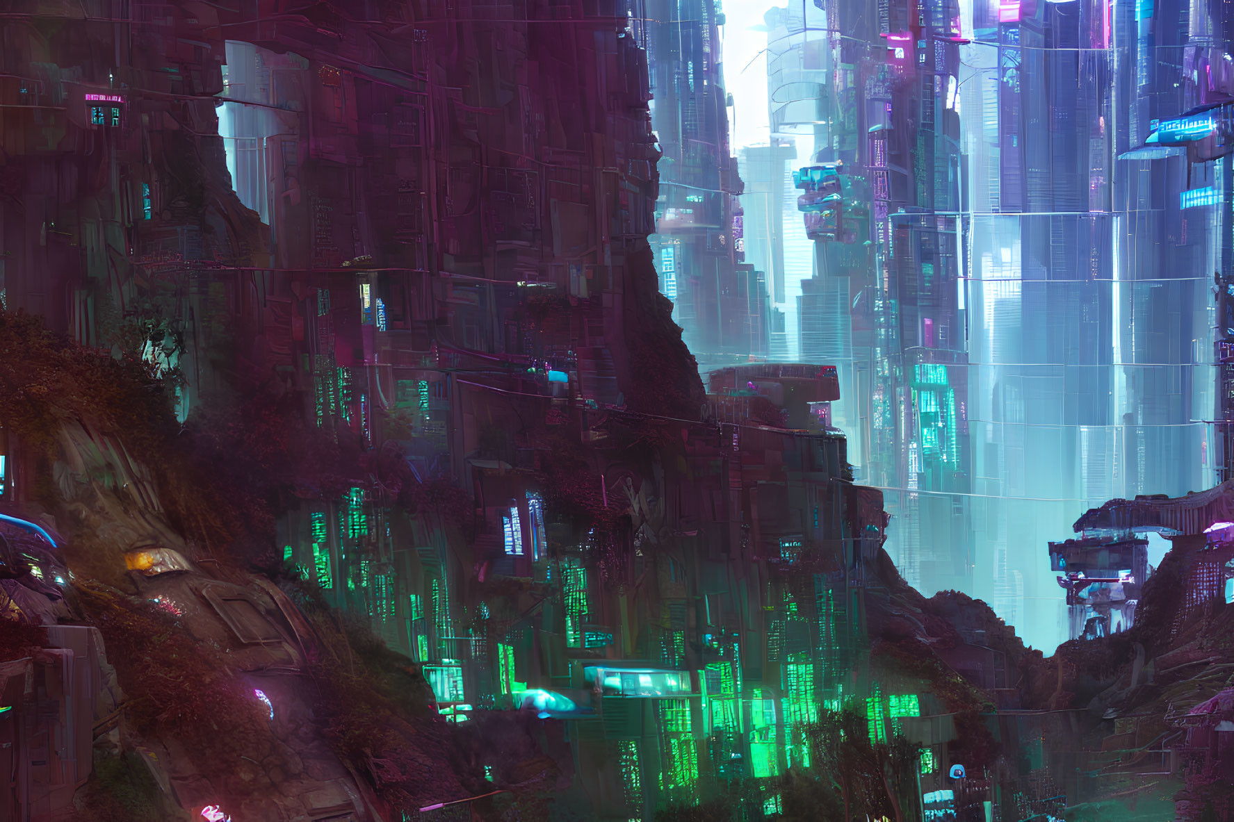 Neon-lit cyberpunk cityscape with futuristic structures