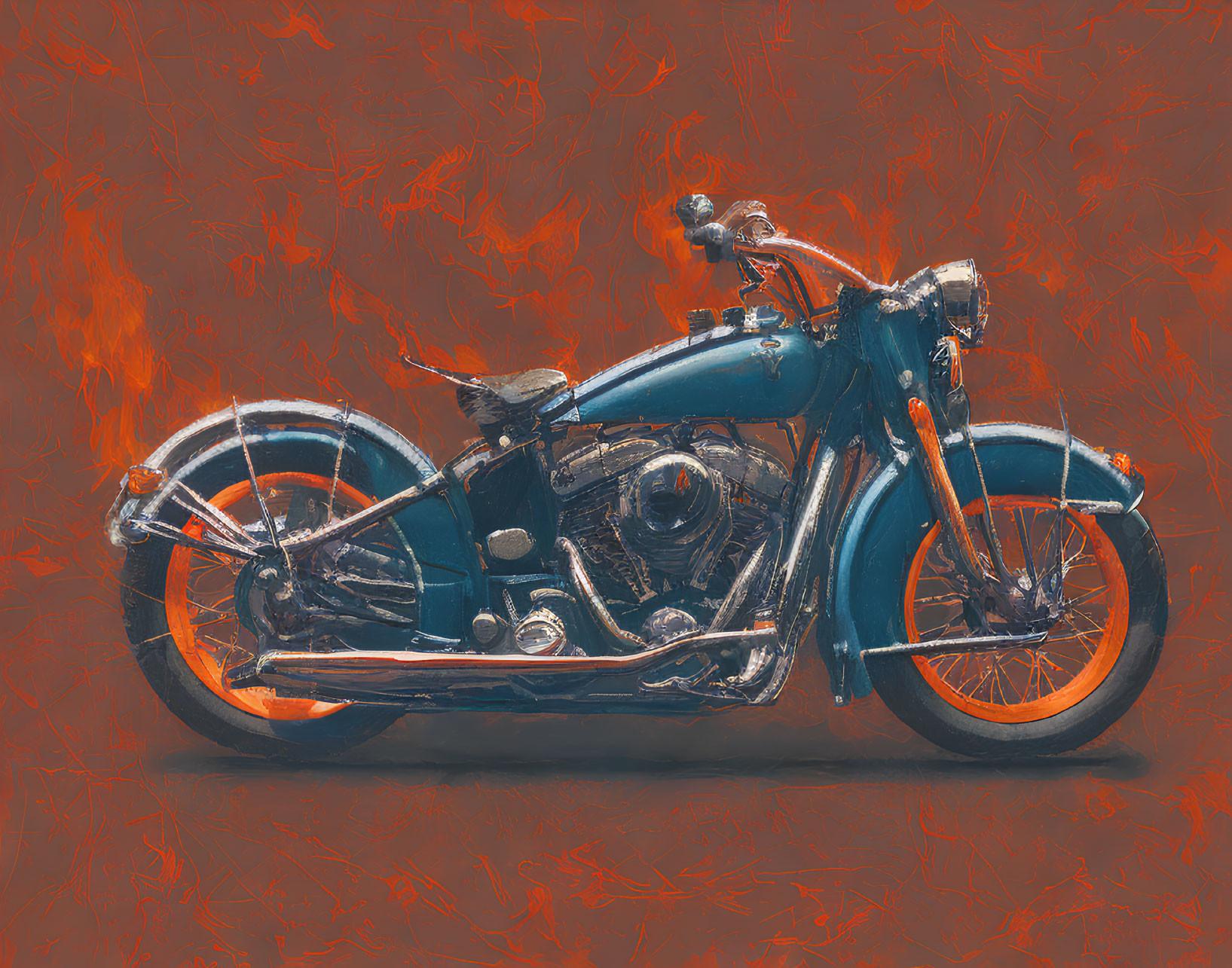 Stylized classic motorcycle on fiery red textured background