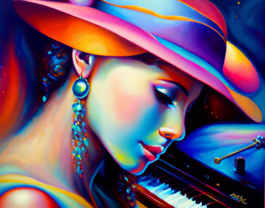 Colorful painting of woman in wide-brimmed hat near piano