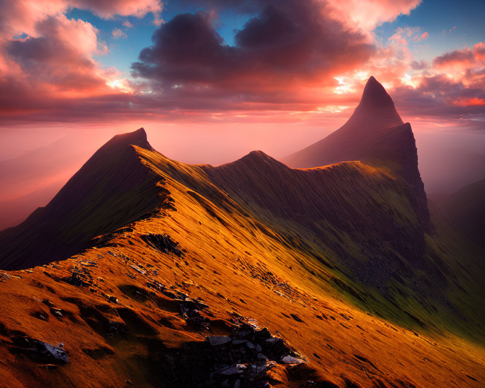 Colorful Sky Over Sharp Mountain Peak in Golden Light