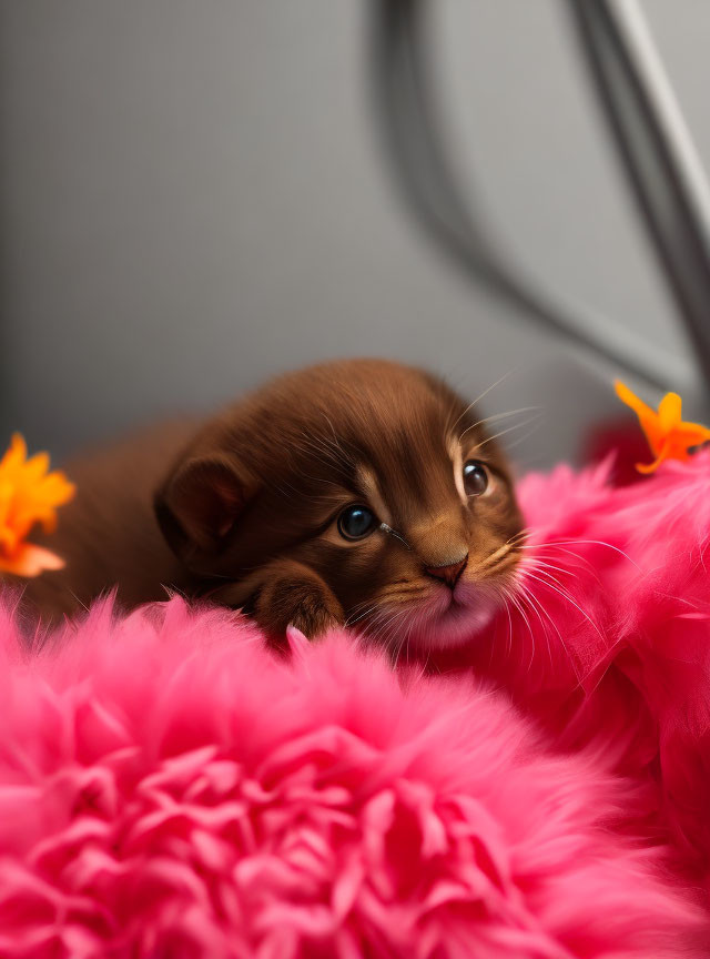 Brown kitten with striking eyes in pink boa with orange decorations on grey background