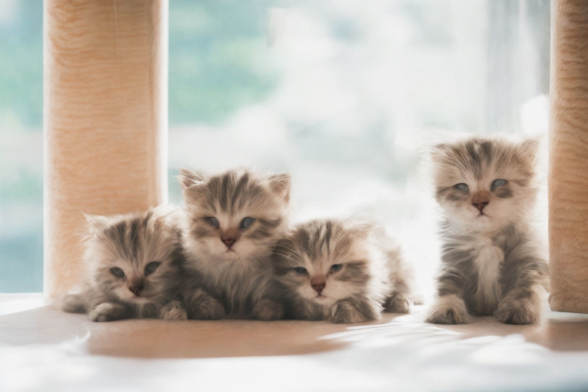 Four Fluffy Kittens in Soft Light with Cat Tree and Window