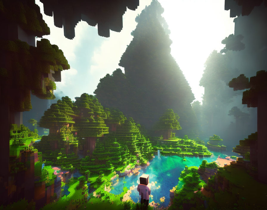 Digital rendering of lush Minecraft world with towering trees, serene lake, and character.