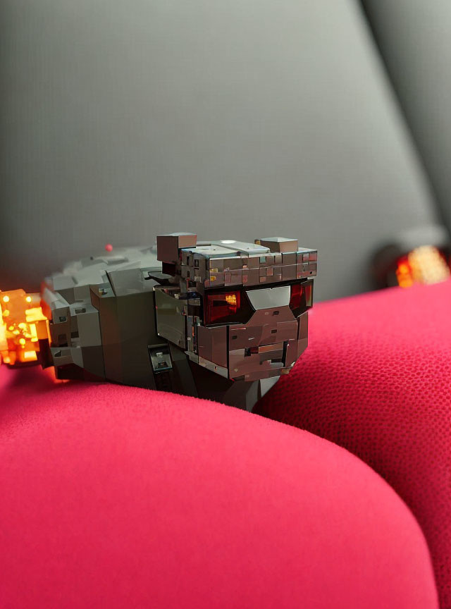 Pixelated LEGO-Style Ship Model on Red Surface with Gray and Brown Colors